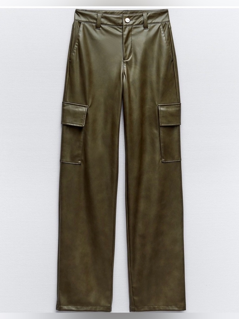 Zara Faux Leather Cargo Pants In Olive Green - Picture 2 of 7